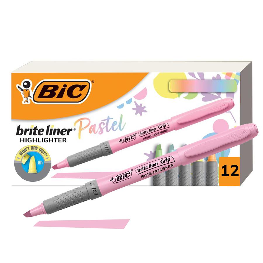 BIC Brite Liner Grip Highlighters, Assorted, 12 Pack - 1.6 mm Marker Point Size - Chisel Marker Point Style - Assorted, Pastel Yellow, Pastel Pink, Pastel Blue, Pastel Green, Pastel Purple, Pastel Ora. Picture 4