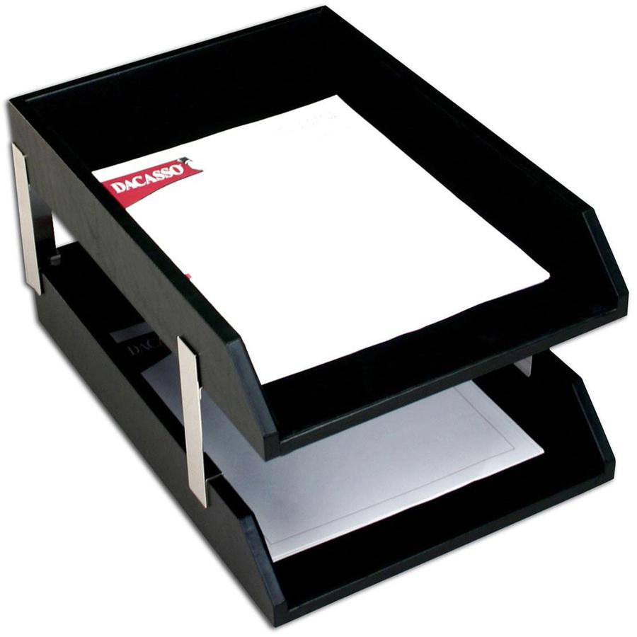 Dacasso Classic Black Leather Double Legal Trays with Silver Posts - Desktop - Top Grain Leather, Velveteen - 1 Each. Picture 2