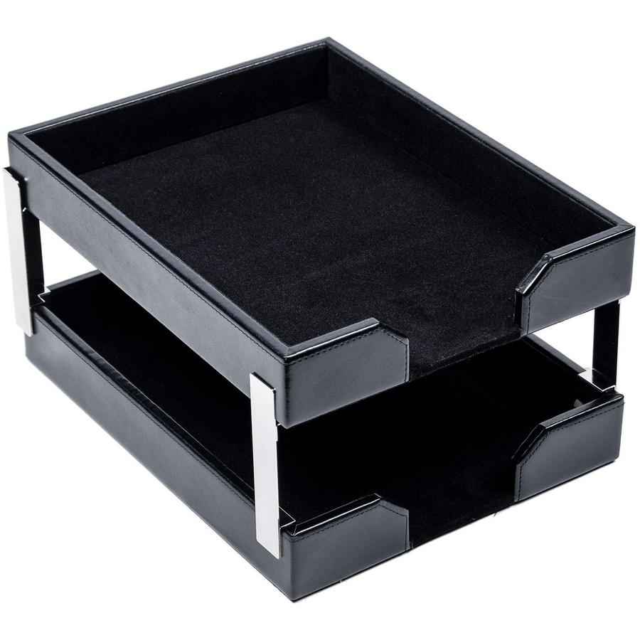 Dacasso Black Bonded Leather Double Letter Trays - Desktop - Bonded Leather, Velveteen - 1 Each. Picture 5