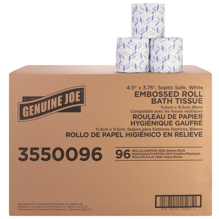 Genuine Joe 2-ply Bath Tissue - 2 Ply - 4.50" x 3.80" - 500 Sheets/Roll - White - Fiber - 96 / Carton. Picture 9