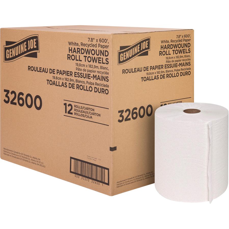 Genuine Joe Hardwound Roll Paper Towels - 7.80" x 600 ft - 2" Core - White - Paper - 12 / Carton. Picture 5