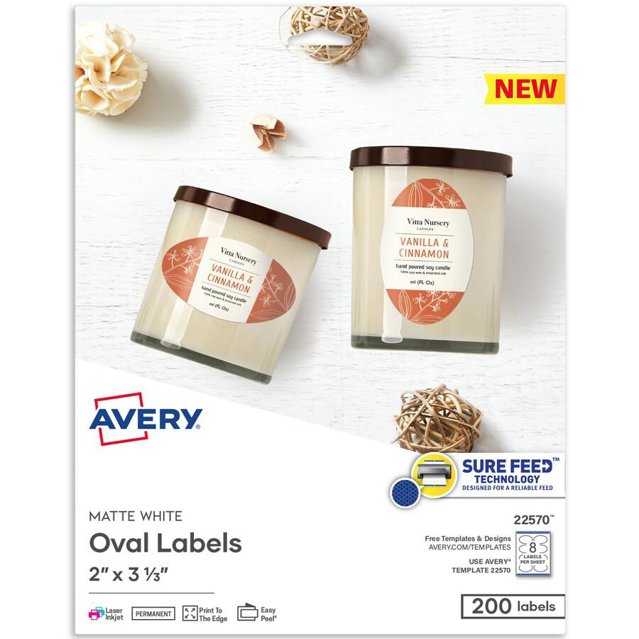 Avery&reg; Printable Blank Oval Labels, 22570, 3-5/16&rdquo;W x 3&rdquo;D, White, Pack Of 200 Labels - 2" Width x 3 21/64" Length - Permanent Adhesive - Oval - Laser, Inkjet - White - Paper - 8 / Shee. Picture 5