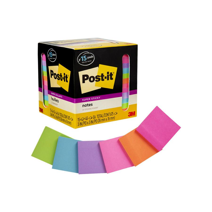 Post-it&reg; Super Sticky Notes - 15 - 3" x 3" - Square - 45 Sheets per Pad - Neon Orange, Tropical Pink, Power Pink, Iris, Blue Paradise, Neon Green Limeade - Adhesive, Recyclable - 15 / Pack. Picture 12