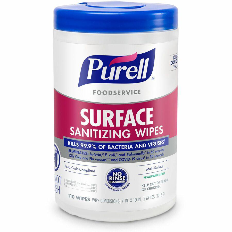 PURELL&reg; Foodservice Surface Sanitizing Wipes - Ready-To-Use - 10" Length x 7" Width - 110 / Canister - 1 Each - Rinse-free, Fragrance-free, Durable. Picture 3
