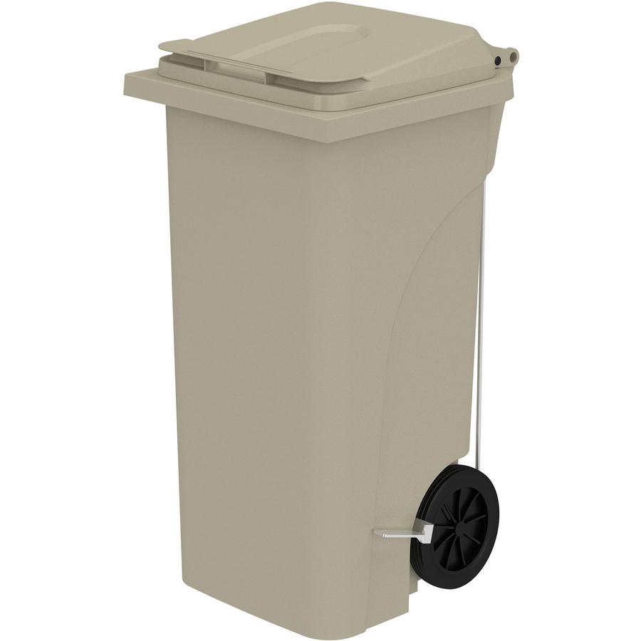 Safco 32 Gallon Plastic Step-On Receptacle - 32 gal Capacity - Foot Pedal, Lightweight, Easy to Clean, Handle, Wheels, Mobility - 37" Height x 21.3" Width x 20" Depth - Plastic - Tan - 1 Carton. Picture 7