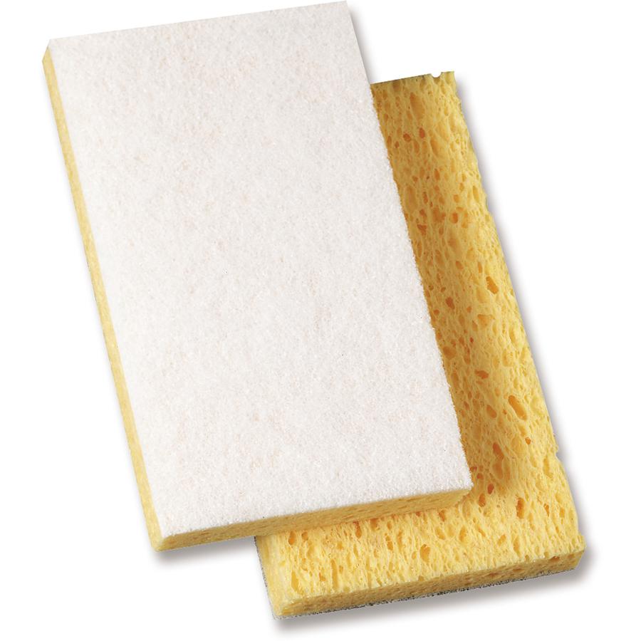 Genuine Joe Light-Duty Sponge Scrubber - 6.1" Width x 3.6" Length - 20/Carton - Cellulose - White, Yellow. Picture 2