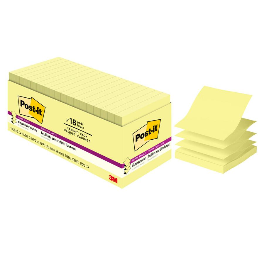 Post-it&reg; Super Sticky Dispenser Notes - Canary Yellow - 3" x 3" - Square - Canary Yellow - Paper - Pop-up, Recyclable, Adhesive - 18 / Pack. Picture 3