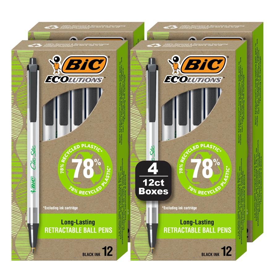BIC Ecolutions Clic Stic Ballpoint Pen - Medium Pen Point - 1 mm Pen Point Size - Retractable - Black - Semi Clear Barrel - 48 / Pack. Picture 2