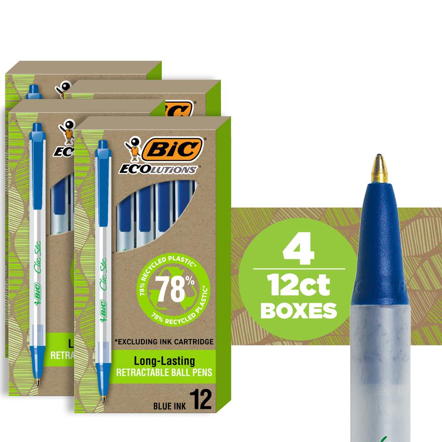 BIC Ecolutions Clic Stic Ballpoint Pen - Medium Pen Point - 1 mm Pen Point Size - Retractable - Blue - Semi Clear Barrel - 48 / Pack. Picture 2