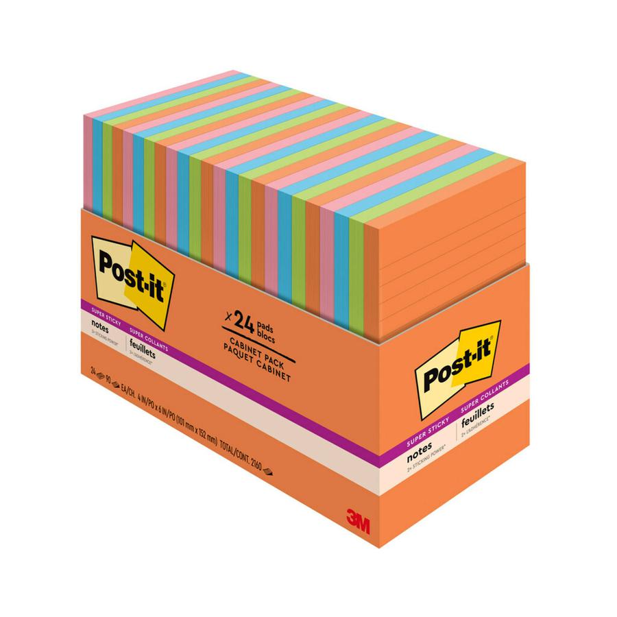 Post-it&reg; Super Sticky Notes - Energy Boost Color Collection - 4" x 6" - Rectangle - 45 Sheets per Pad - Vital Orange, Tropical Pink, Blue Paradise, Limeade - Sticky - 24 / Pack. Picture 6