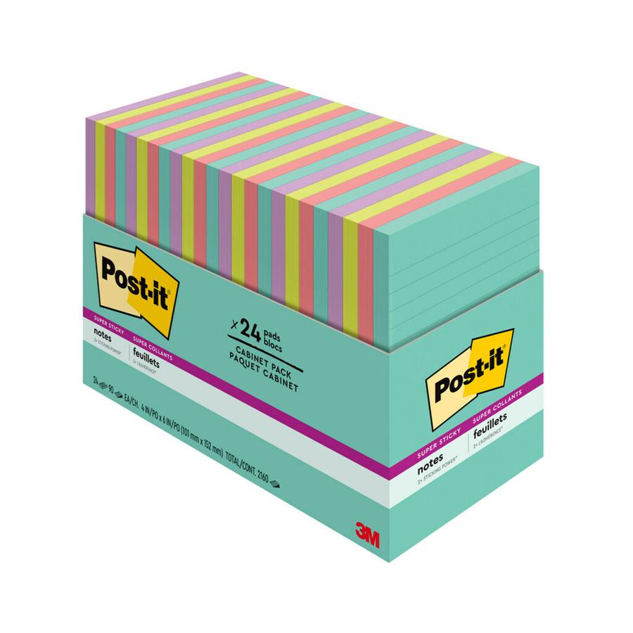 Post-it&reg; Super Sticky Notes - Supernova Neons Color Collection - 4" x 6" - Rectangle - 45 Sheets per Pad - Blue, Green, Pink, Lilac - Sticky - 24 / Pack. Picture 4