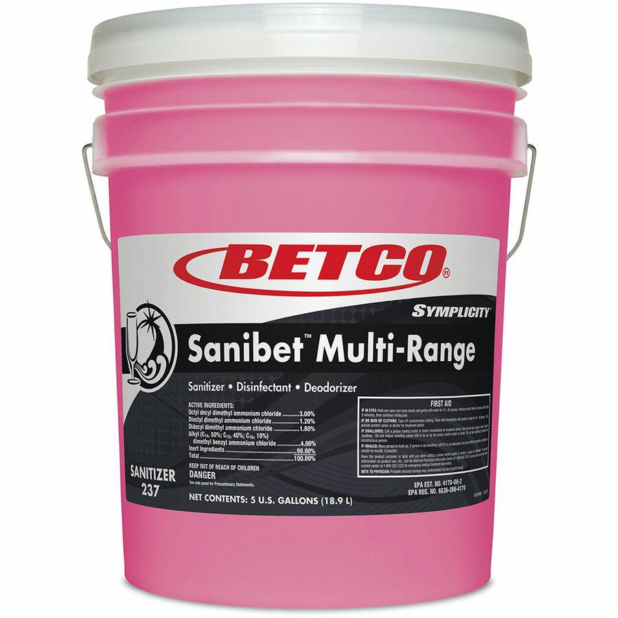 Betco&reg; Sanibet Multi-Range Sanitizer, 5g - Concentrate - 640 fl oz (20 quart) - 1 Each - Fragrance-free, Disinfectant, Deodorize, Rinse-free, Versatile - Pink. Picture 2