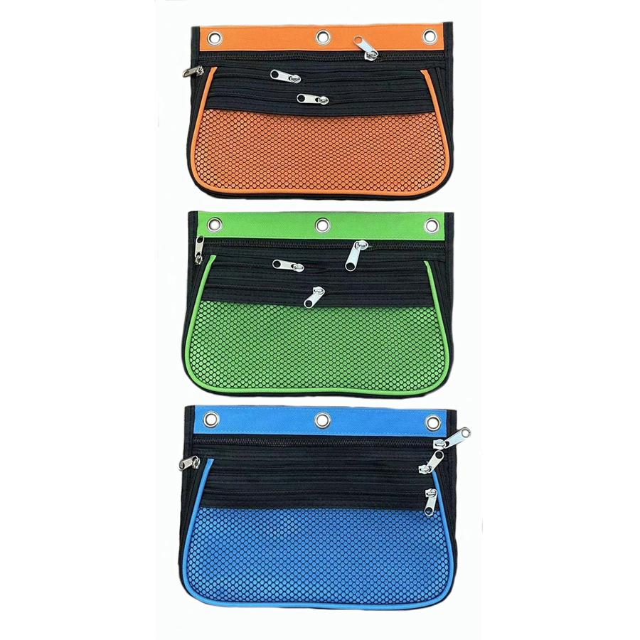 CLI Triple-pocket Pencil Pouches - 10.3" Height x 7.3" Width - Ring Binder - Green, Orange, Blue - Nylon - 24. Picture 2