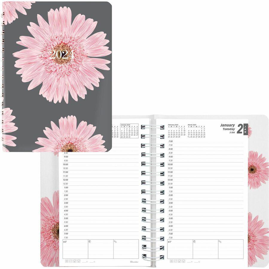 Brownline Essential Daily/Monthly Planner Book - Daily, Monthly - 12 Month - January - December - 7:00 AM to 7:30 PM - Half-hourly - 1 Day Single Page Layout - 8" x 5" Sheet Size - Twin Wire - Pink - . Picture 10