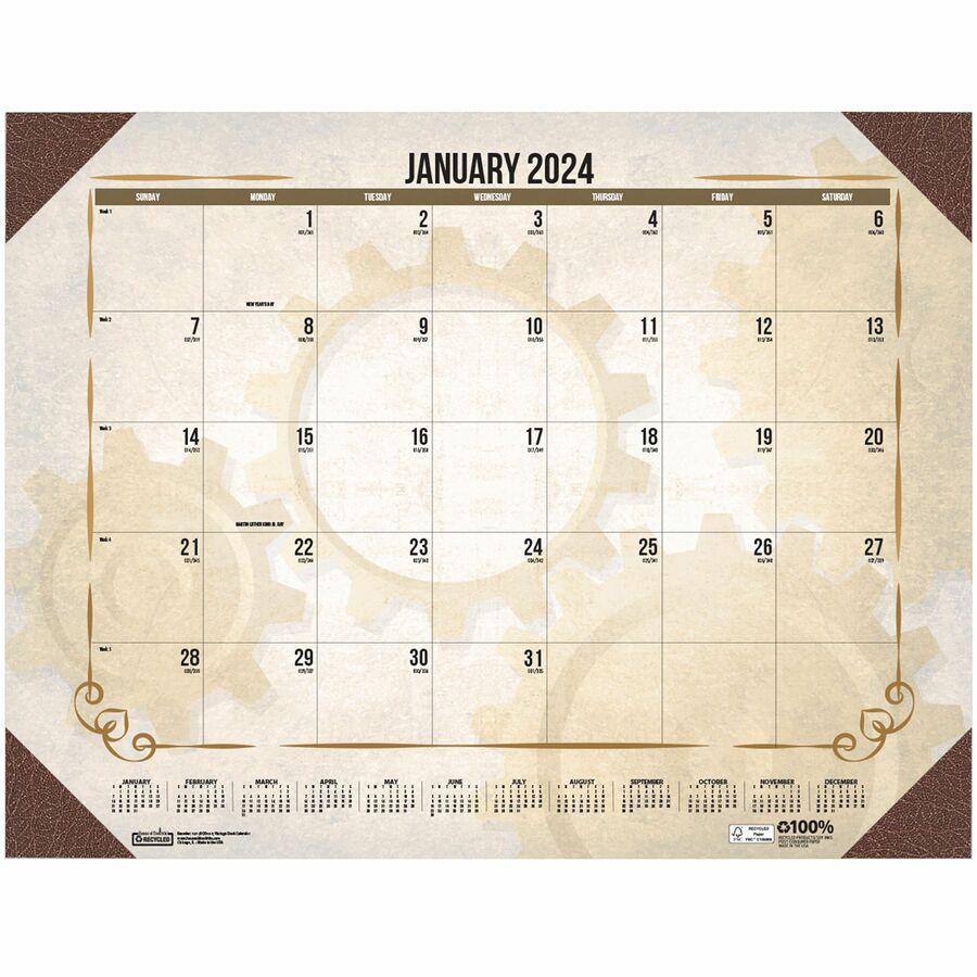 House of Doolittle Vintage Monthly Desk Pad Calendar - Julian Dates - Monthly - 12 Month - January - December - 1 Month Single Page Layout - 22" x 17" Sheet Size - Headband - Desk Pad - Brown - Leathe. Picture 19