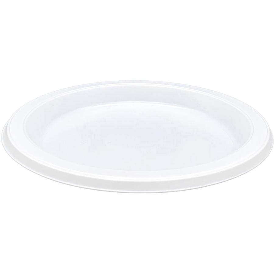 Genuine Joe 7" Disposable Plastic Plates - Picnic, Food, Party, Breakroom - Disposable - 7" Diameter - White - Plastic Body - Round - 125 / Pack. Picture 2