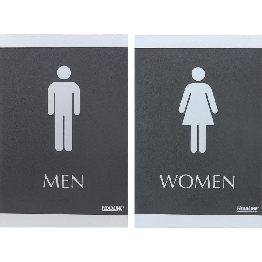 Headline Signs ADA MEN/WOMEN Restroom Sign - 1 Set - Men, Women Print/Message - 6" Width9" Depth - Rectangular Shape - Silver Print/Message Color - Adhesive Backing, Durable, Pictogram, Self-adhesive,. Picture 2