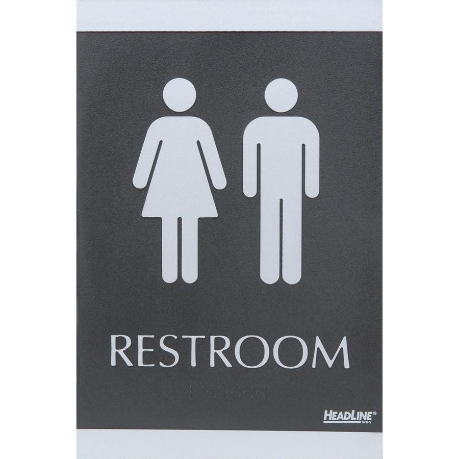 Headline Signs ADA RESTROOM Sign - 1 Each - Restroom Print/Message - 6" Width9" Depth - Rectangular Shape - Silver Print/Message Color - Adhesive Backing, Durable, Pictogram, Self-adhesive, Braille - . Picture 2
