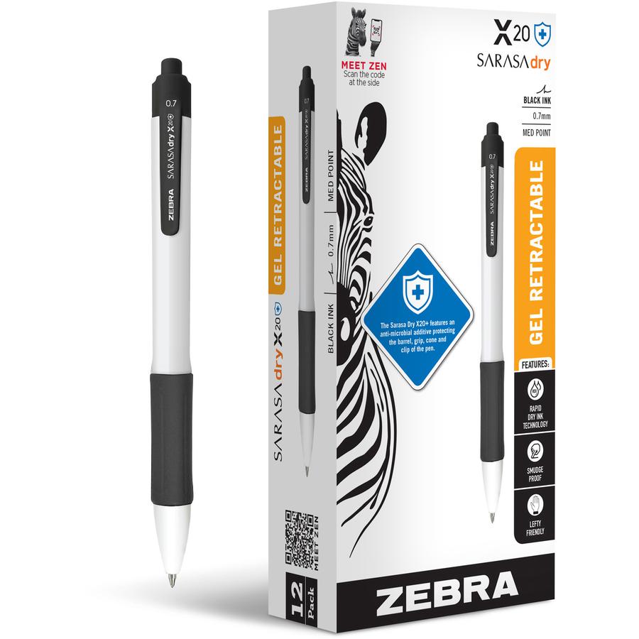 Zebra SARASA dry X20+ Retractable Gel Pen - Medium Pen Point - 0.7 mm Pen Point Size - Conical Pen Point Style - Retractable - Black Gel-based Ink - White Plastic Barrel - 12 / Dozen. Picture 2