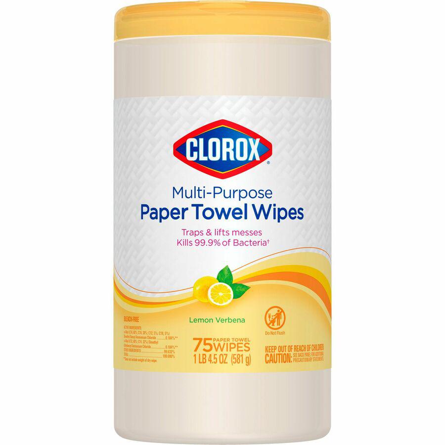 Clorox Multipurpose Paper Towel Wipes - Ready-To-Use Wipe - Lemon Verbena Scent - 75 / Canister - 1 Each - White. Picture 18