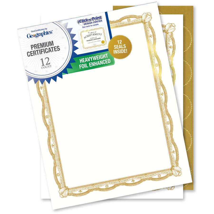 Geographics Premium Certificates with Gold Seals - 65 lb Basis Weight - 11" - Inkjet Compatible - Gold, Assorted, Multicolor with Gold Border - Card Stock, Foil - 12 / Pack. Picture 5