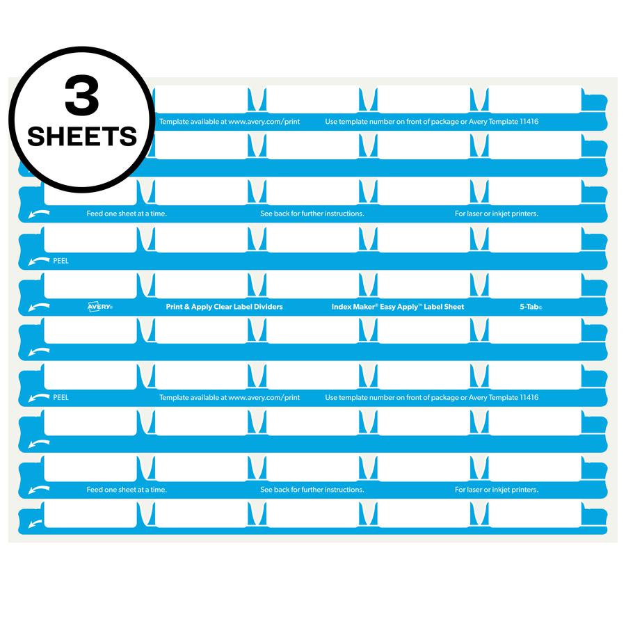 Avery&reg; 5 Tab Easy Print & Apply Clear Label Sheet Refills (11225) - Inkjet, Laser - Clear - 30 / Sheet - 3 Total Sheets - 30 / Pack. Picture 2