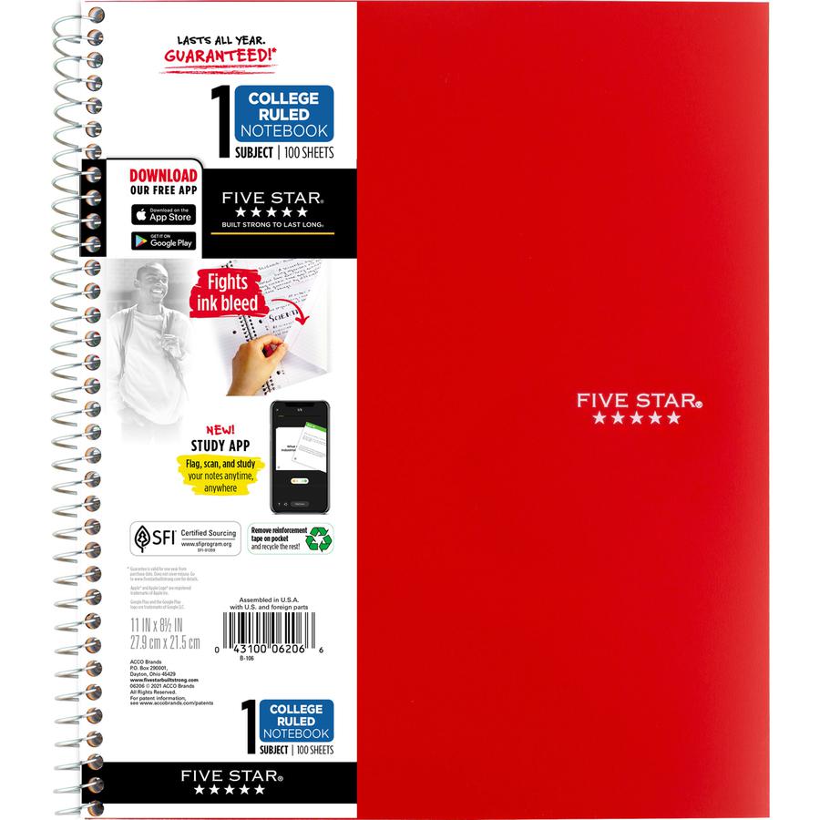Five Star Wirebound Notebook - 1 Subject(s) - 100 Pages - Wire Bound - College Ruled - Letter - 8 1/2" x 11" - Red Cover - Double Sided Sheet, Durable, Water Resistant, Wear Resistant, Tear Proof, Spi. Picture 2
