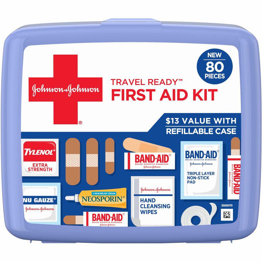 Johnson & Johnson Travel Ready First Aid Kit - 80 x Piece(s) - 5.5" Height x 6.3" Width x 1.7" Depth Length - Plastic Case - 1 Each - Blue. Picture 9
