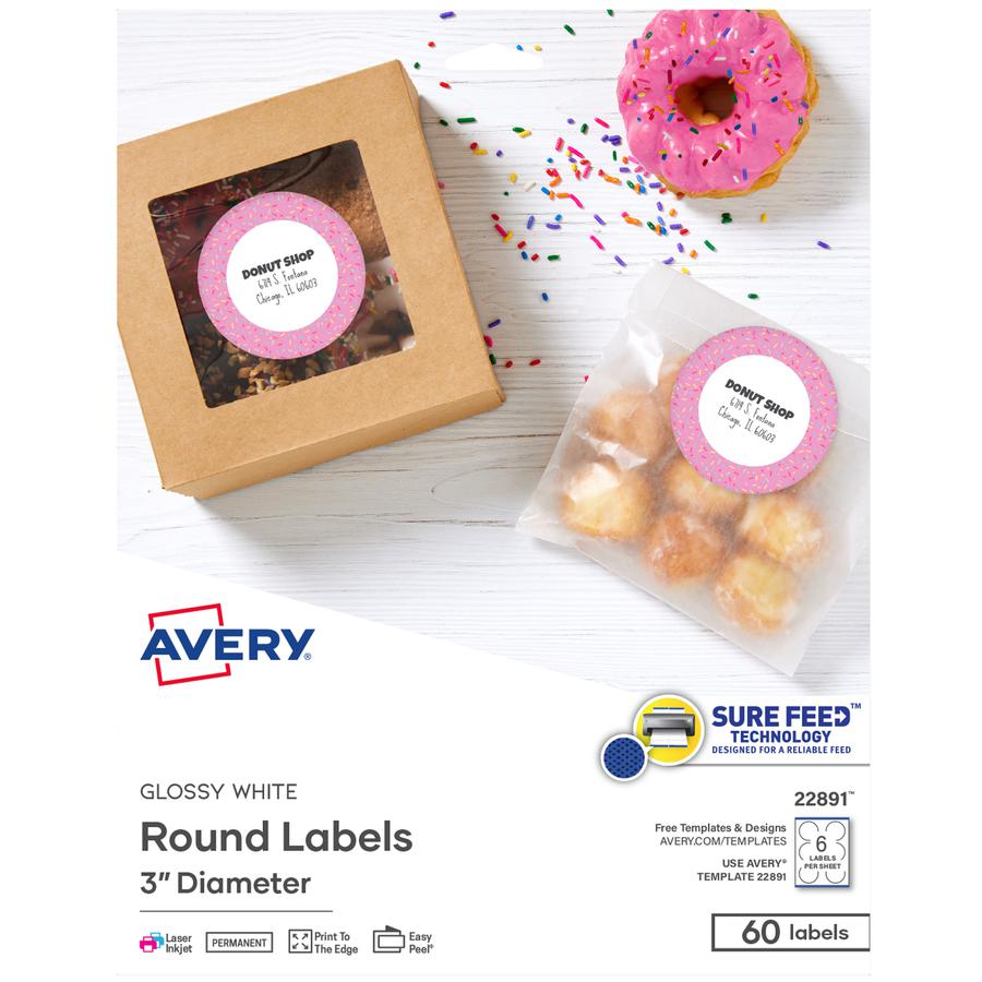 Avery&reg; Glossy White Labels, 3" Round, 60 Labels (22891) - - Height3" Diameter - Permanent Adhesive - Round - Gloss White - 6 / Sheet - 60 / Pack - Jam-free, Stick & Stay, Smudge Proof, Foldable. Picture 2