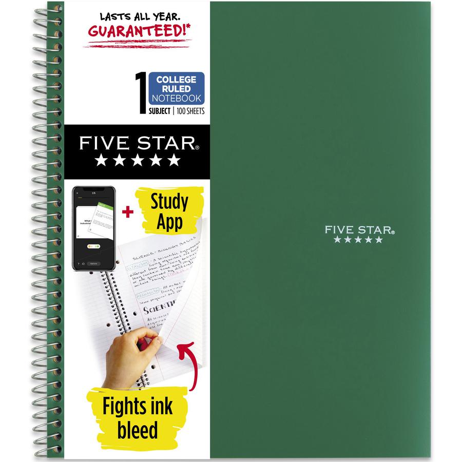 Five Star Wirebound Notebook - 1 Subject(s) - 100 Sheets - 100 Pages - Wire Bound - Letter - 8 1/2" x 11" - Forest GreenPlastic Cover - Double Sided Sheet, Bleed Resistant, Perforated, Storage Pocket,. Picture 2