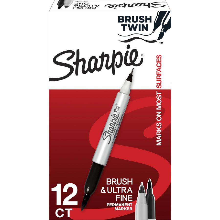 Sharpie Brush Twin Permanent Markers - Fine, Broad, Ultra Fine Marker Point - Black - 12 / Dozen. Picture 8