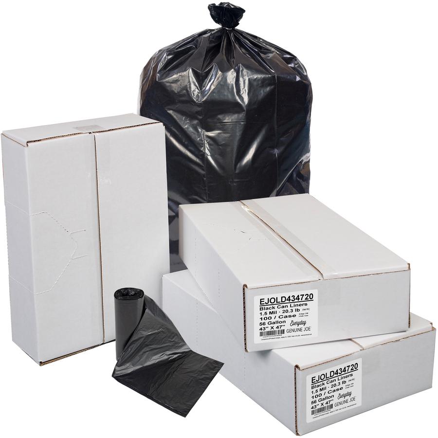 Everyday Genuine Joe Low-Density Can Liners - 56 gal Capacity - 43" Width x 47" Length - 1.50 mil (38 Micron) Thickness - Low Density - Black - Resin - 100/Carton - Office Waste, Receptacle - Recycled. Picture 3