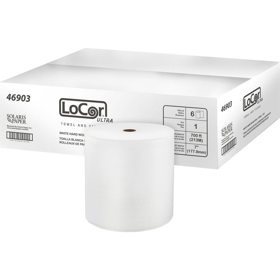 LoCor Paper Ultra Hard Wound Roll Towels - 1 Ply - White - Virgin Fiber - 6 / Carton. Picture 3