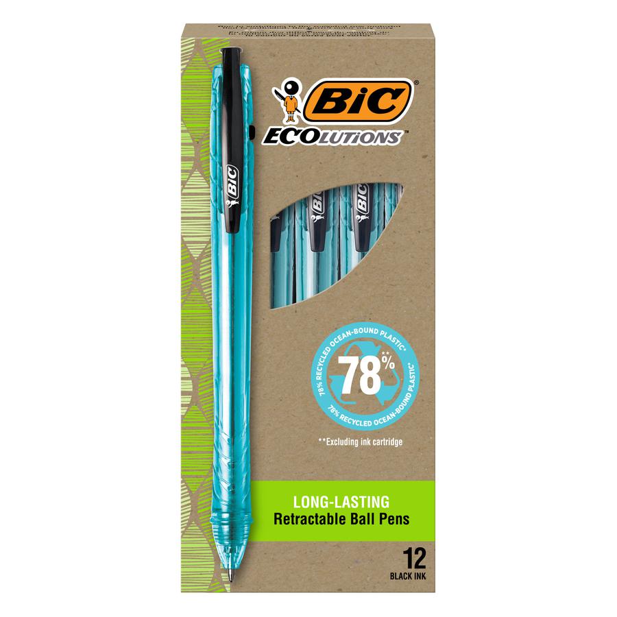 BIC Ecolutions Ballpoint Pen - Medium Pen Point - 1 mm Pen Point Size - Refillable - Retractable - Black - Semi Clear Barrel - 12 / Pack. Picture 2