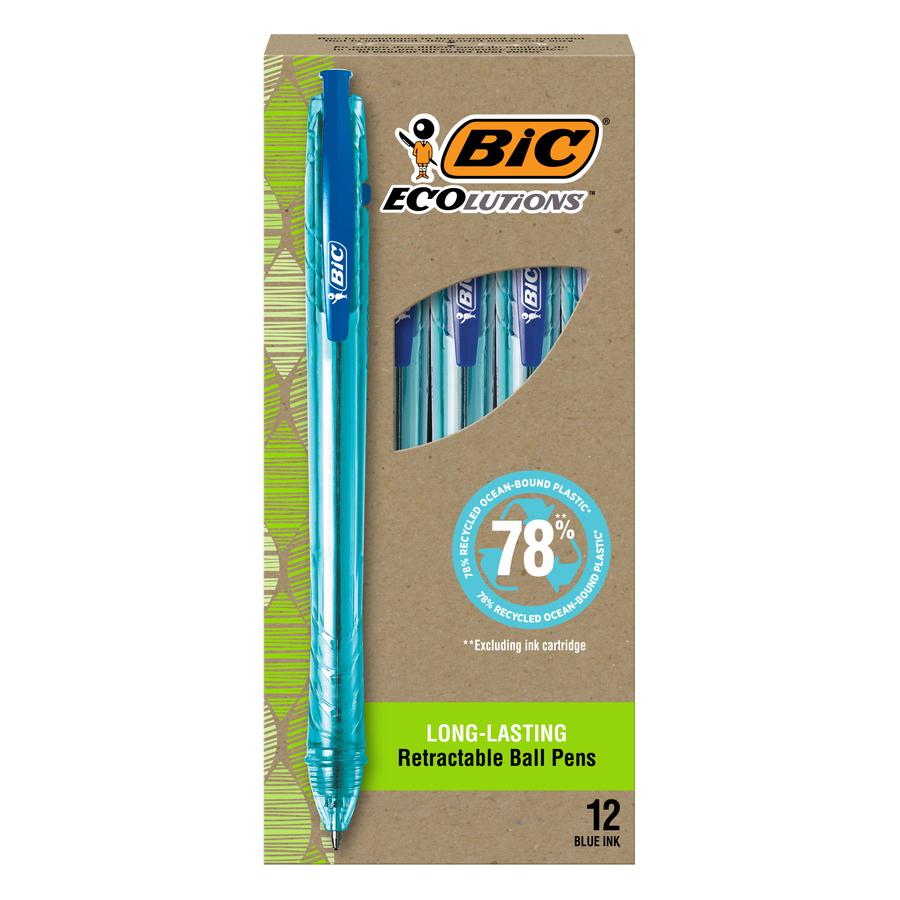 BIC Ecolutions Ballpoint Pen - Medium Pen Point - 1 mm Pen Point Size - Retractable - Blue - Semi Clear Barrel - 12 / Pack. Picture 2