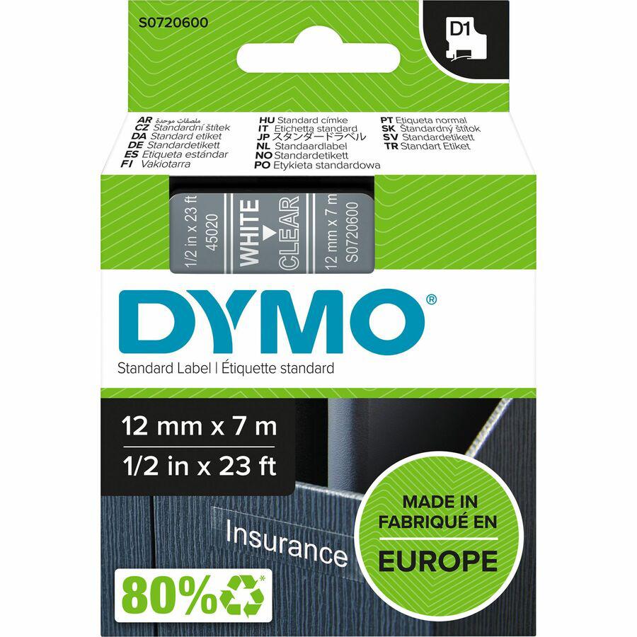 Dymo D1 Self Adhesive Tape Cassette - 15/32" Width - Rectangle - Thermal Transfer - Glossy - Transparent, White. Picture 2