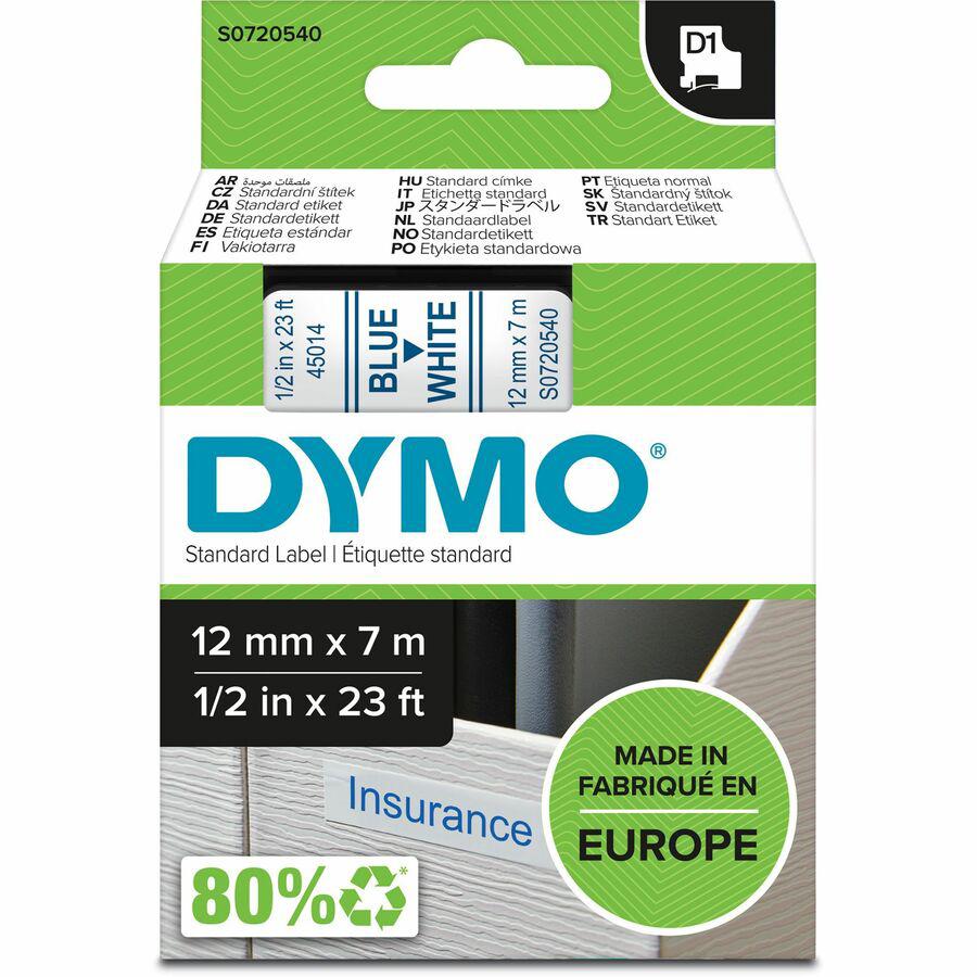 Dymo D1 Electronic Tape Cartridge - 1/2" Width x 23 ft Length - Blue, White - 1 Each - Easy Peel, Durable. Picture 2