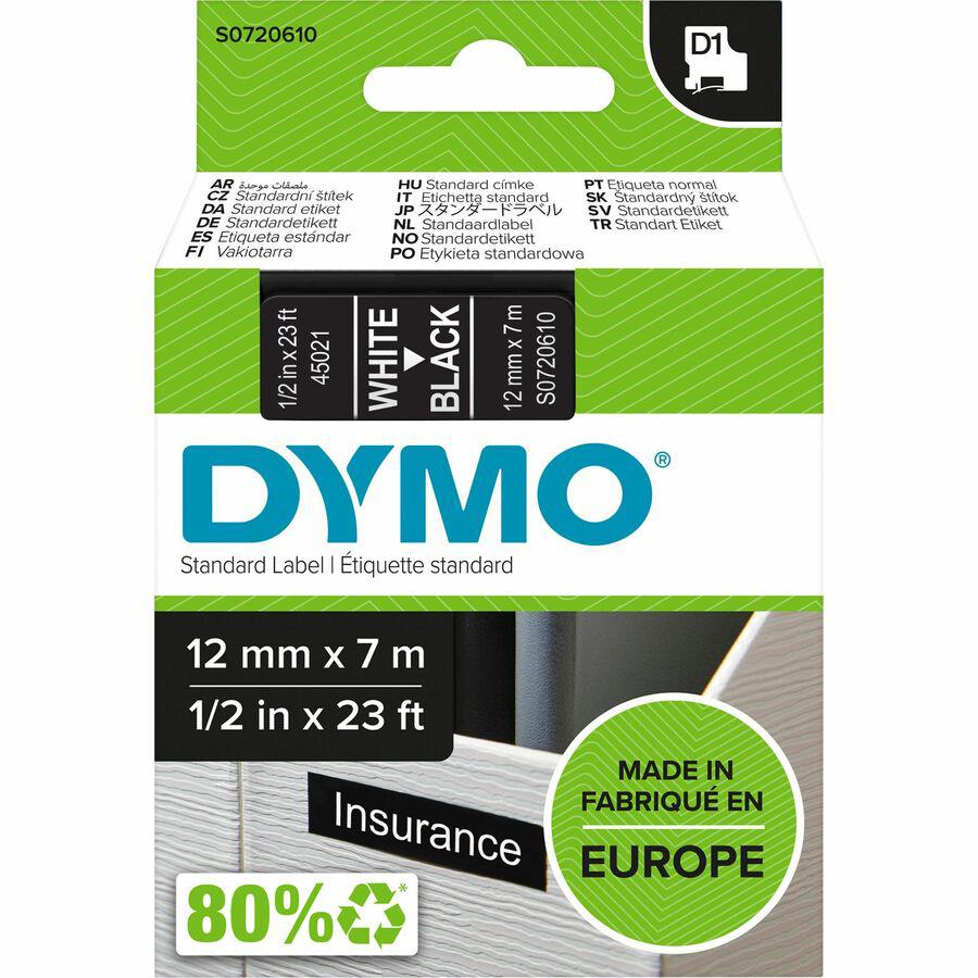 Dymo S0720610 D1 45021 Tape 12mm x 7m White on Black - 15/32" Width x 22 31/32 ft Length - White on Black - 1 Each - Easy Peel, Durable. Picture 2