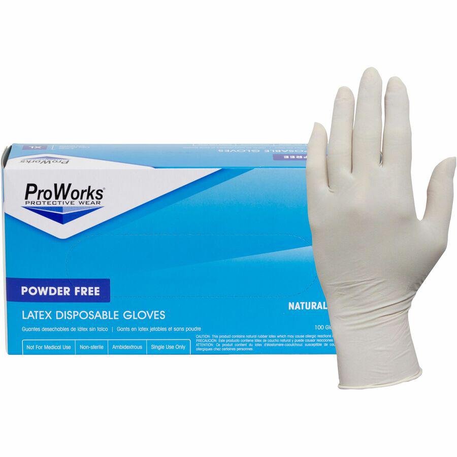 ProWorks Latex Powder-Free Disposable General-Purpose Gloves - Extra Large Size - Latex - Natural - Comfortable, Non-sterile, Textured Fingertip - For Food Service, General Purpose, Industrial, Manufa. Picture 2