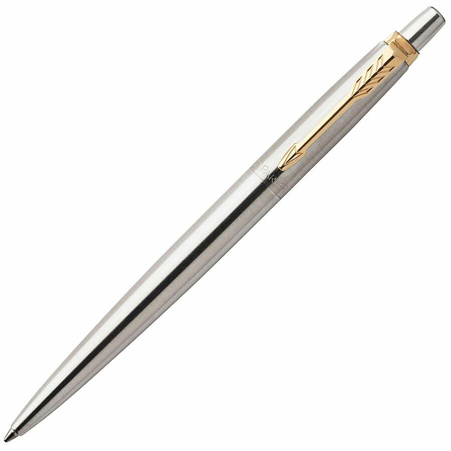 Parker Jotter Steel Gel Golden Finish Trim Ballpoint Pen - Bold Pen Point - 0.7 mm Pen Point Size - Conical Pen Point Style - Refillable - Retractable - Black - Stainless Steel Stainless Steel Barrel. Picture 4