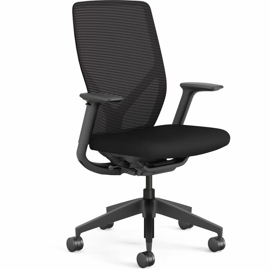 HON Flexion Task Chair - Black Vinyl, Polyurethane Seat - Black Mesh Back - Black Frame - 5-star Base - Armrest - 1 Each. Picture 2