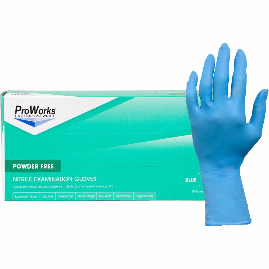 ProWorks Nitrile Powder-Free Exam Gloves - Large Size - For Right/Left Hand - Nitrile - Blue - Non-sterile, Wear Resistant, Tear Resistant, Durable, Latex-free, Heavyweight - For Automotive, Aerospace. Picture 2