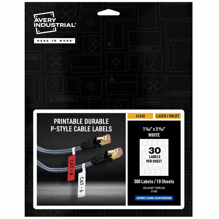 Avery Cable Labels, P-Style, 1.02" x 3.3" , 300 Total (61540) - Waterproof - 1 1/64" Width x 3 19/64" Length - Permanent Adhesive - P-shaped - Laser - White - Film - 30 / Sheet - 10 Total Sheets - 300. Picture 2