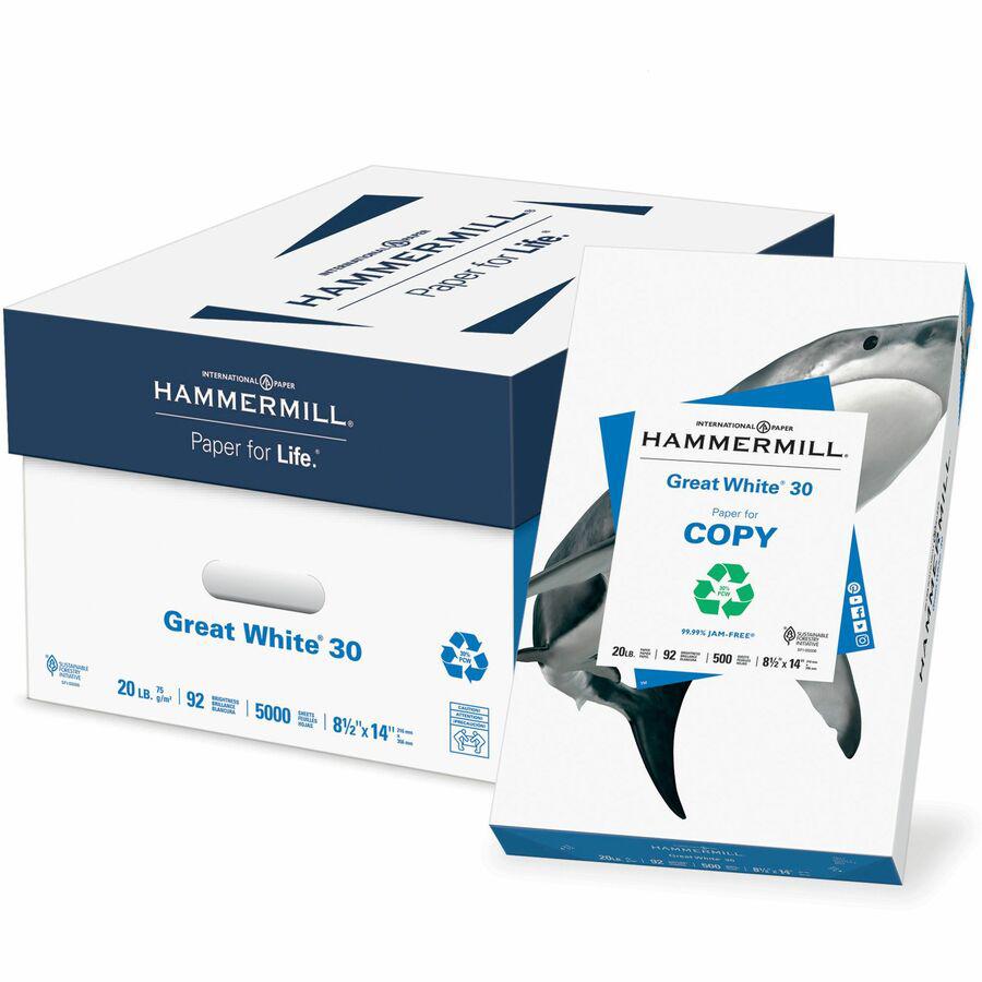 Hammermill Great White 30 Copy Paper - 92 Brightness - 88% Opacity - 8 1/2" x 14" - 20 lb Basis Weight - 75 g/m&#178; Grammage - 10 / Carton - 500 Sheets per Ream - Acid-free, Jam-free - White. Picture 2