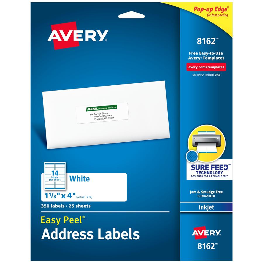 Avery&reg; Easy Peel White Inkjet Mailing Labels - 1 21/64" Width x 4" Length - Permanent Adhesive - Rectangle - Inkjet - White - Paper - 14 / Sheet - 25 Total Sheets - 350 Total Label(s) - 5. Picture 3
