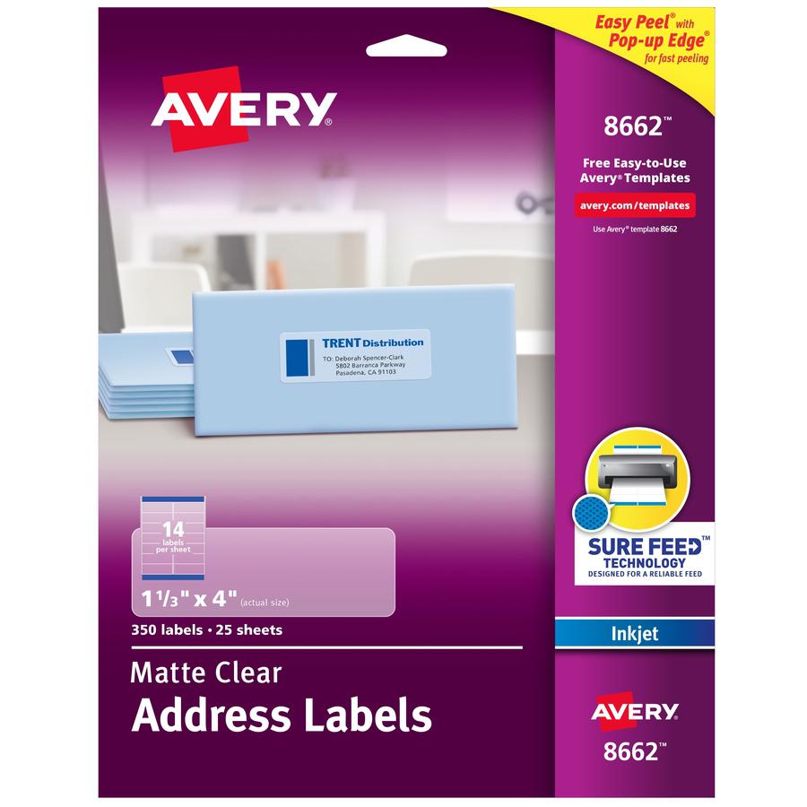 Avery&reg; Easy Peel Inkjet Printer Mailing Labels - 1 21/64" Width x 4" Length - Permanent Adhesive - Rectangle - Inkjet - Clear - Film - 14 / Sheet - 25 Total Sheets - 350 Total Label(s) - 5. Picture 4