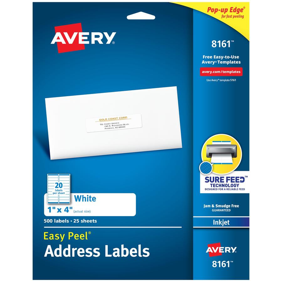 Avery&reg; Easy Peel White Inkjet Mailing Labels - 1" Width x 4" Length - Permanent Adhesive - Rectangle - Inkjet - White - Paper - 20 / Sheet - 25 Total Sheets - 500 Total Label(s) - 500 / Pack. Picture 3