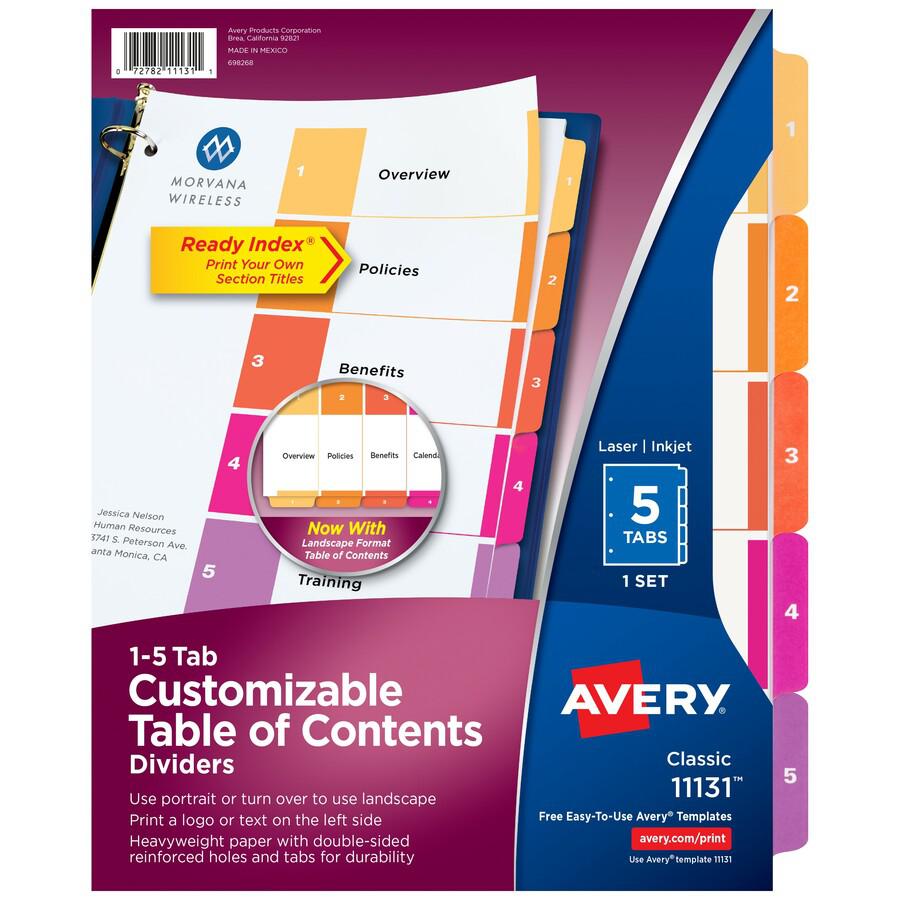 Avery&reg; Ready Index Custom TOC Binder Dividers - 5 x Divider(s) - 1-5 - 5 Tab(s)/Set - 8.5" Divider Width x 11" Divider Length - 3 Hole Punched - White Paper Divider - Multicolor Paper Tab(s) - 5 /. Picture 2