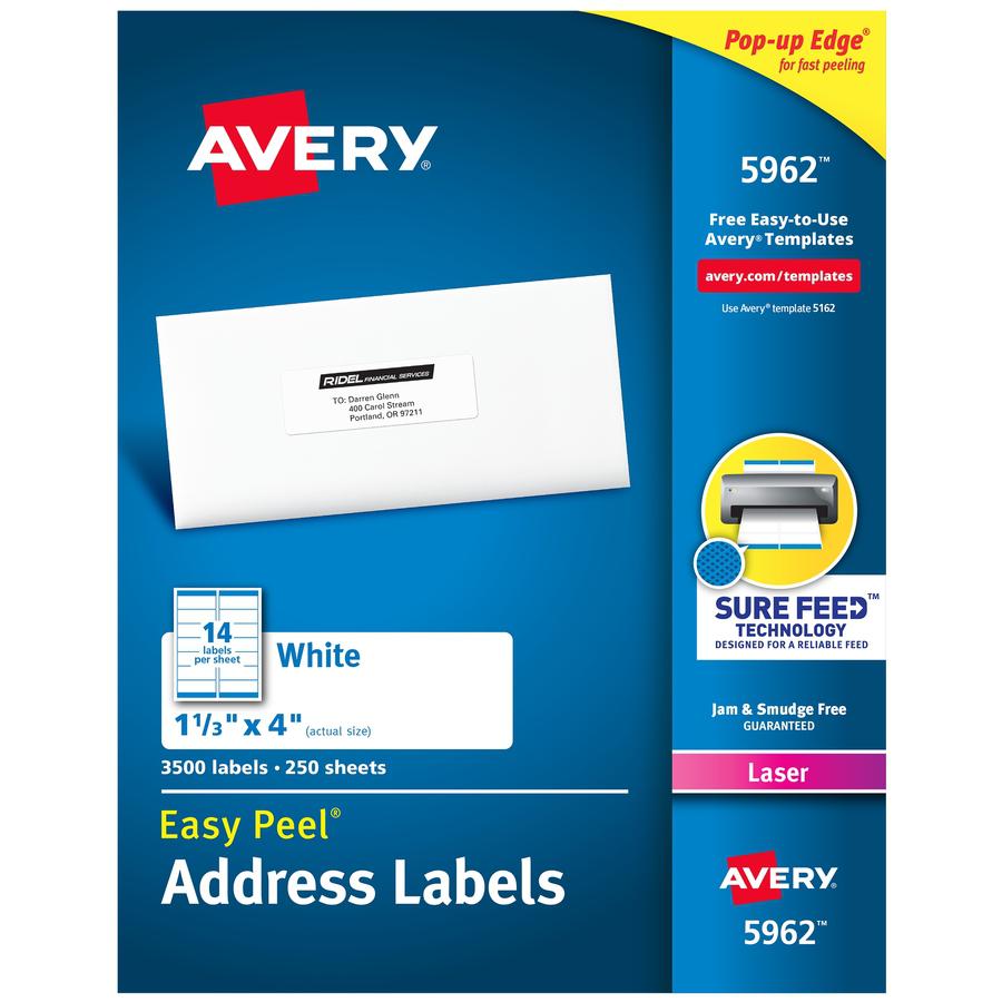 Avery&reg; Easy Peel Mailing Laser Labels - 1 21/64" Width x 4" Length - Permanent Adhesive - Rectangle - Laser - White - Paper - 14 / Sheet - 250 Total Sheets - 3500 Total Label(s) - 3500 / Box. Picture 4