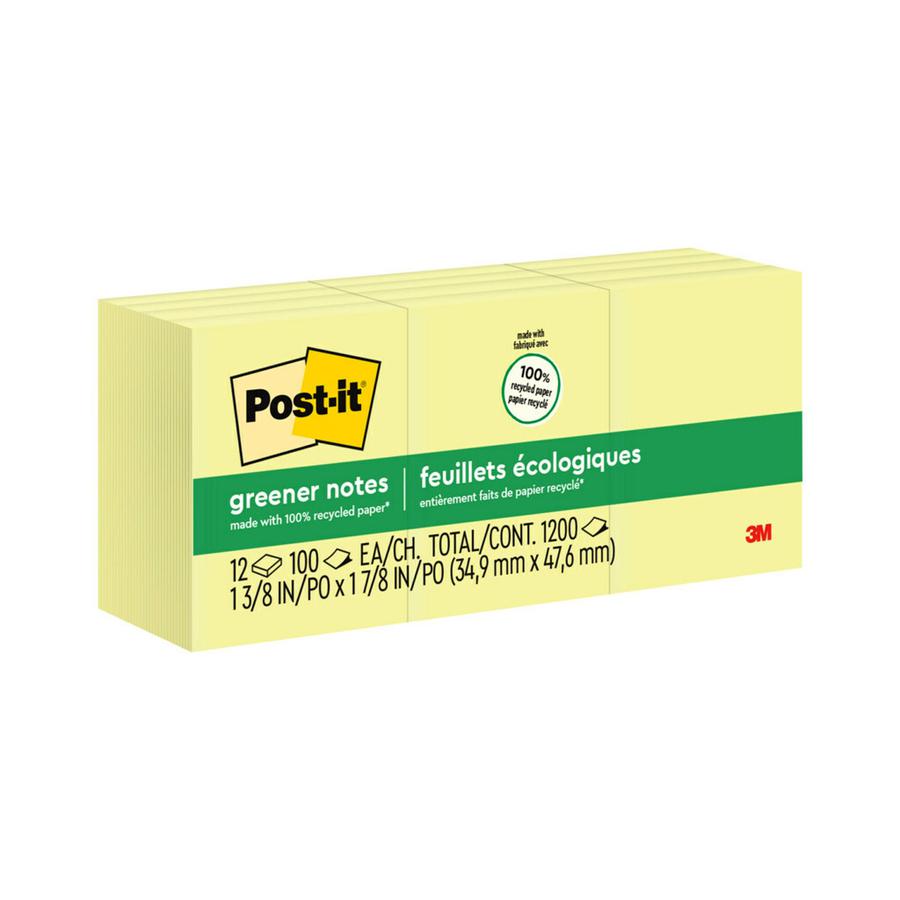 Post-it&reg; Greener Notes - 1200 - 1.50" x 2" - Rectangle - 100 Sheets per Pad - Unruled - Canary Yellow - Paper - Self-adhesive, Repositionable - 12 / Pack. Picture 2